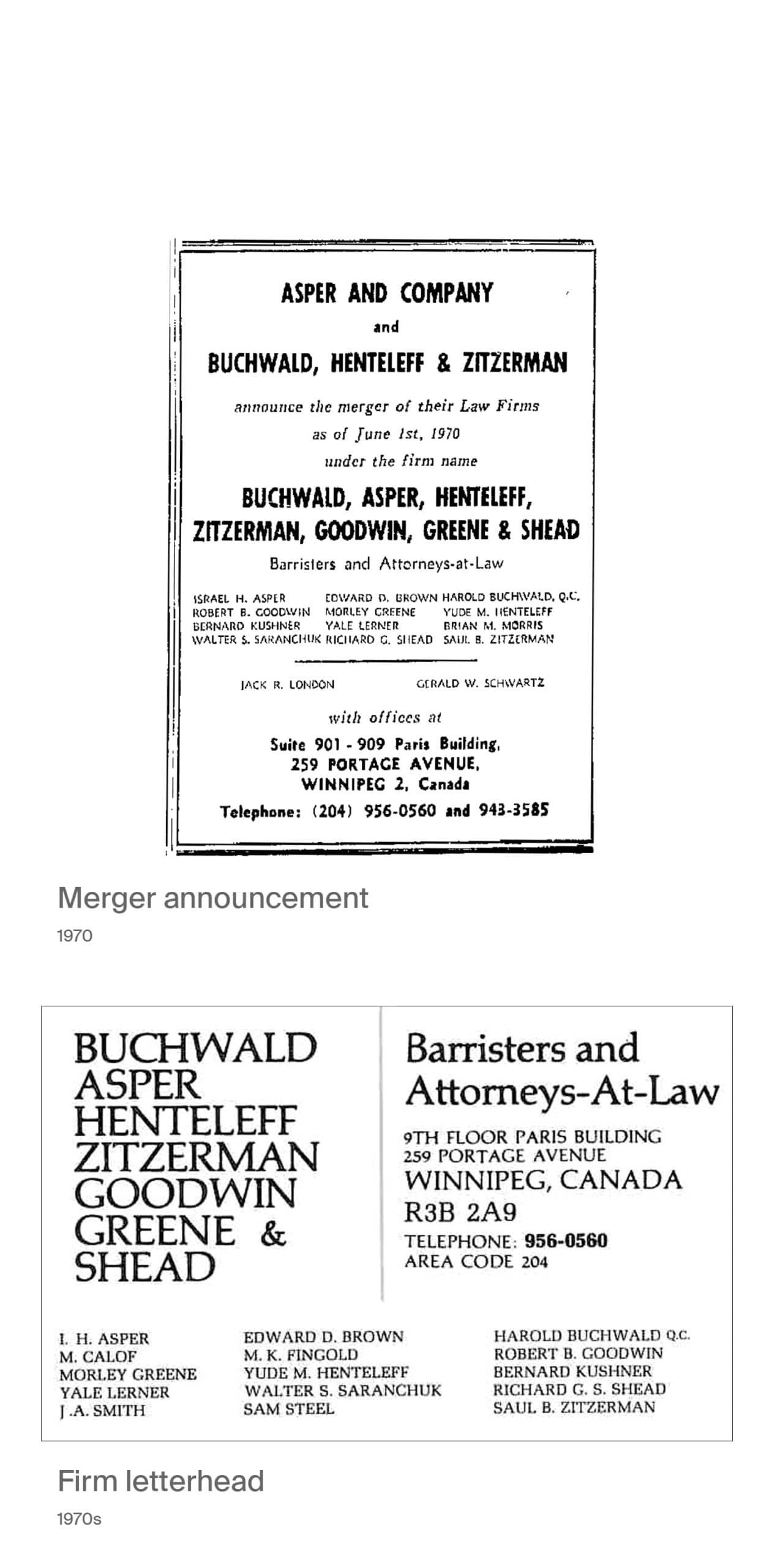 Two images. Image 1, merger announcement from 1970. Image 2, Firm letterhead from 1970s.