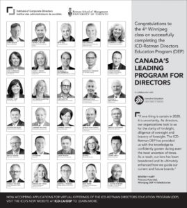 A poster of 30 headshots of individuals. The banner reads "Congratulations to the 4th Winnipeg class on successfully completing the Institute of Corporate Directors (ICD)-Rotman Directors Education Program. Canada's Leading Program for Directors." The bottom says "Now accepting applications for virtual offerings of the ICD-Rotman Directors Education Program. Visit the ICD's new website at ICD.ca/DEP to learn more."