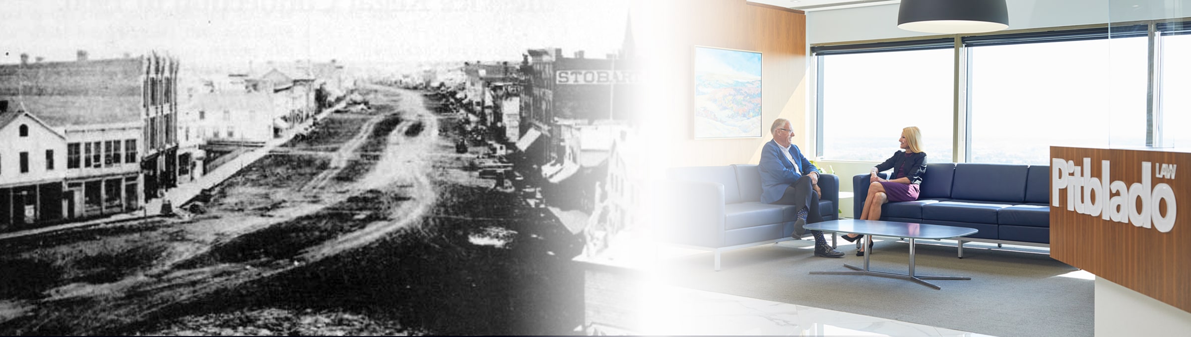 Black and white image of historic downtown Winnipeg, blending into recent photo of Pitblado Law firm.