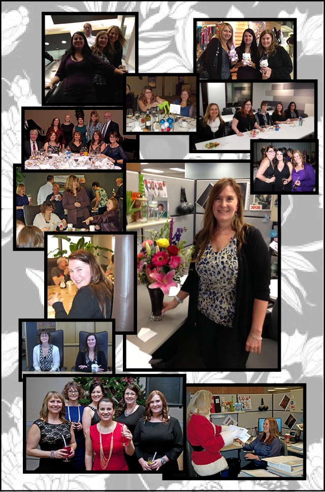 A collage of images of Brenda Donaldson posing with groups of friends in the office.