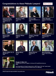Headshots of the 13 awarded lawyers. Their names are labelled Edward D. Brown, Matthew T. Duffy, Tracey L. Epp, Adam Herstein, Bruce H. King, Sandra E. Kilman, Thomas J. Kormylo, Richard Literovich, Jack R. London, Howard Morry, Howard Norman, Norm Promislow, and Douglas G. Ward.