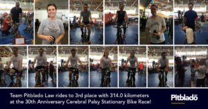Team Pitblado on stationary bikes in a gymnasium