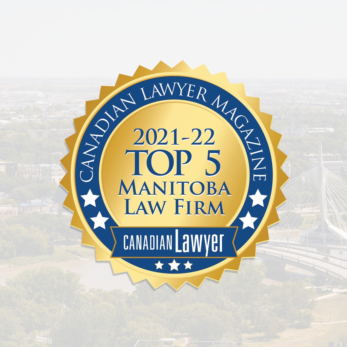Badge from Canadian Lawyer Magazine awarded to Pitblado for the Top 5 Manitoba Law Firms in 2021 to 2022.