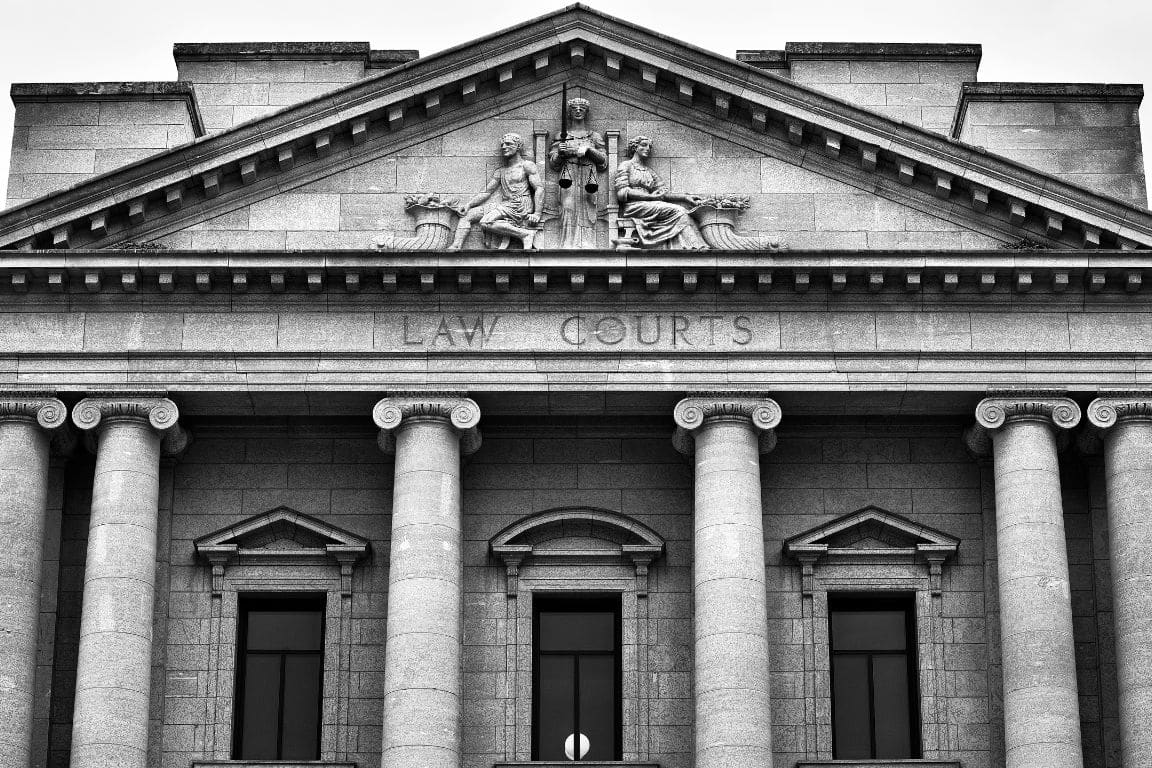 Black and white image of the Manitoba law courts